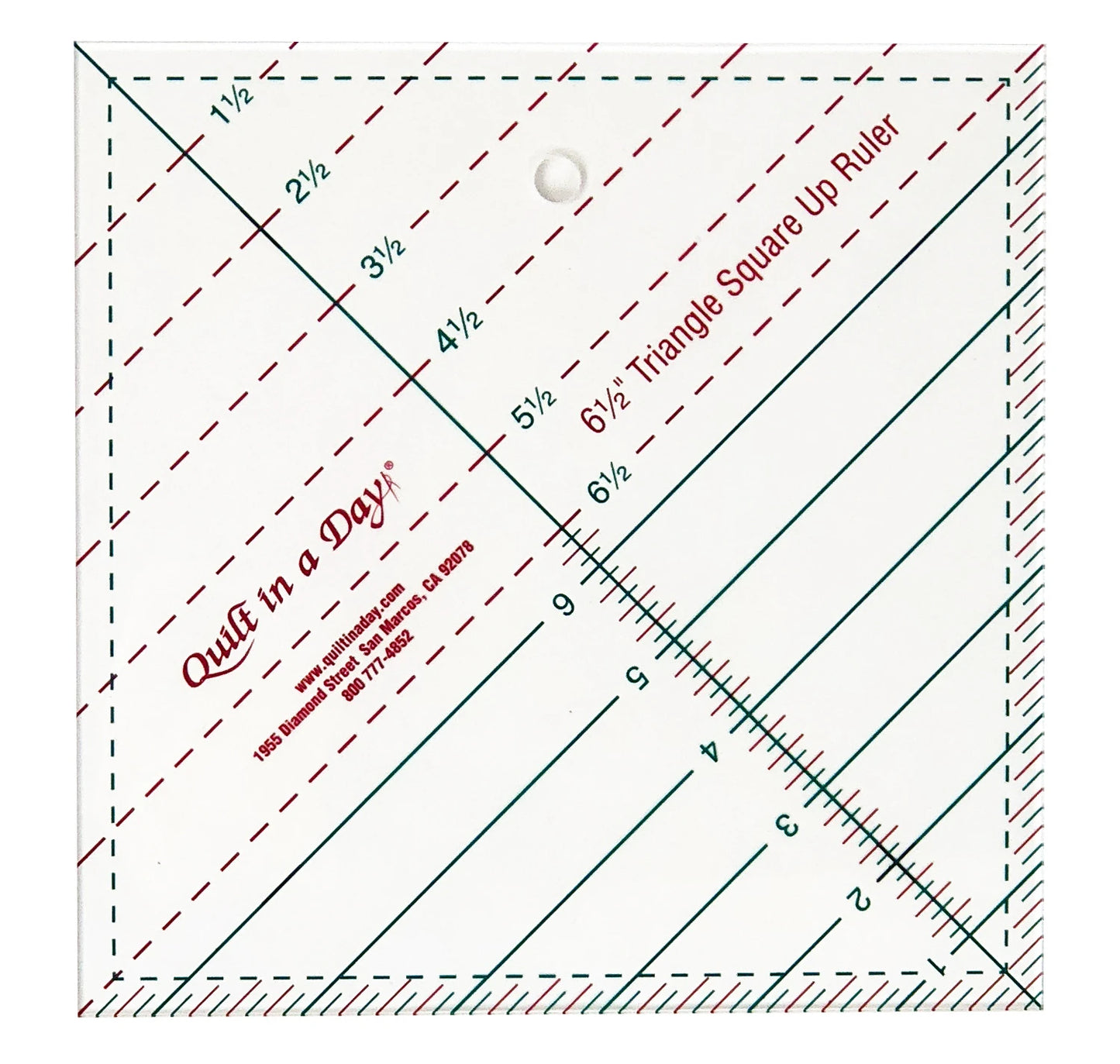 The Triangle Square Up Ruler 6-1/2in by Checker Distributor features red and green lines for easy measuring, marked from 1½ to 6½ inches—ideal for making precise half-triangle squares in quilting projects.