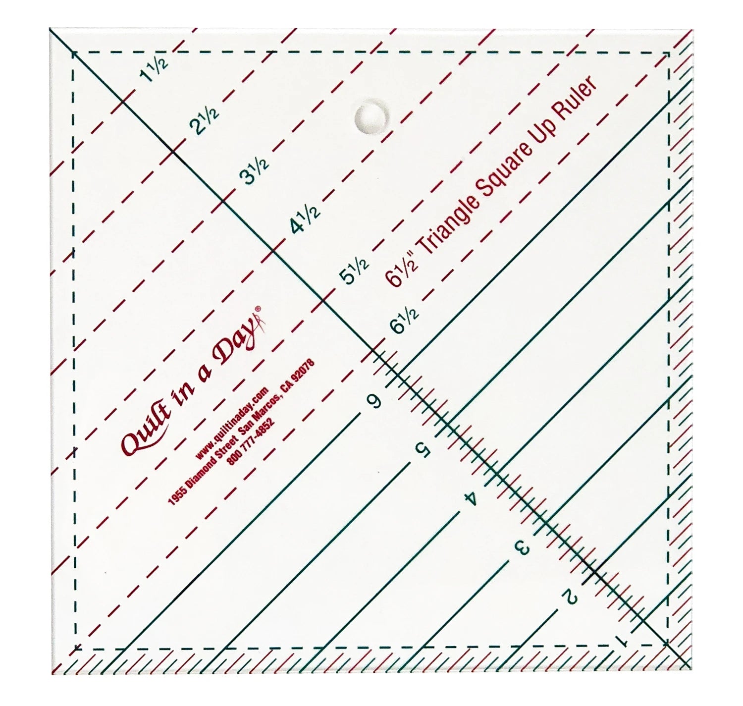 The Triangle Square Up Ruler 6-1/2in by Checker Distributor features red and green lines for easy measuring, marked from 1½ to 6½ inches—ideal for making precise half-triangle squares in quilting projects.