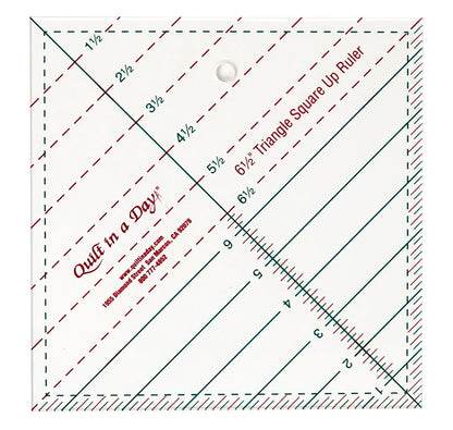 The Triangle Square Up Ruler 6-1/2in by Checker Distributor features red and green lines for easy measuring, marked from 1½ to 6½ inches—ideal for making precise half-triangle squares in quilting projects.