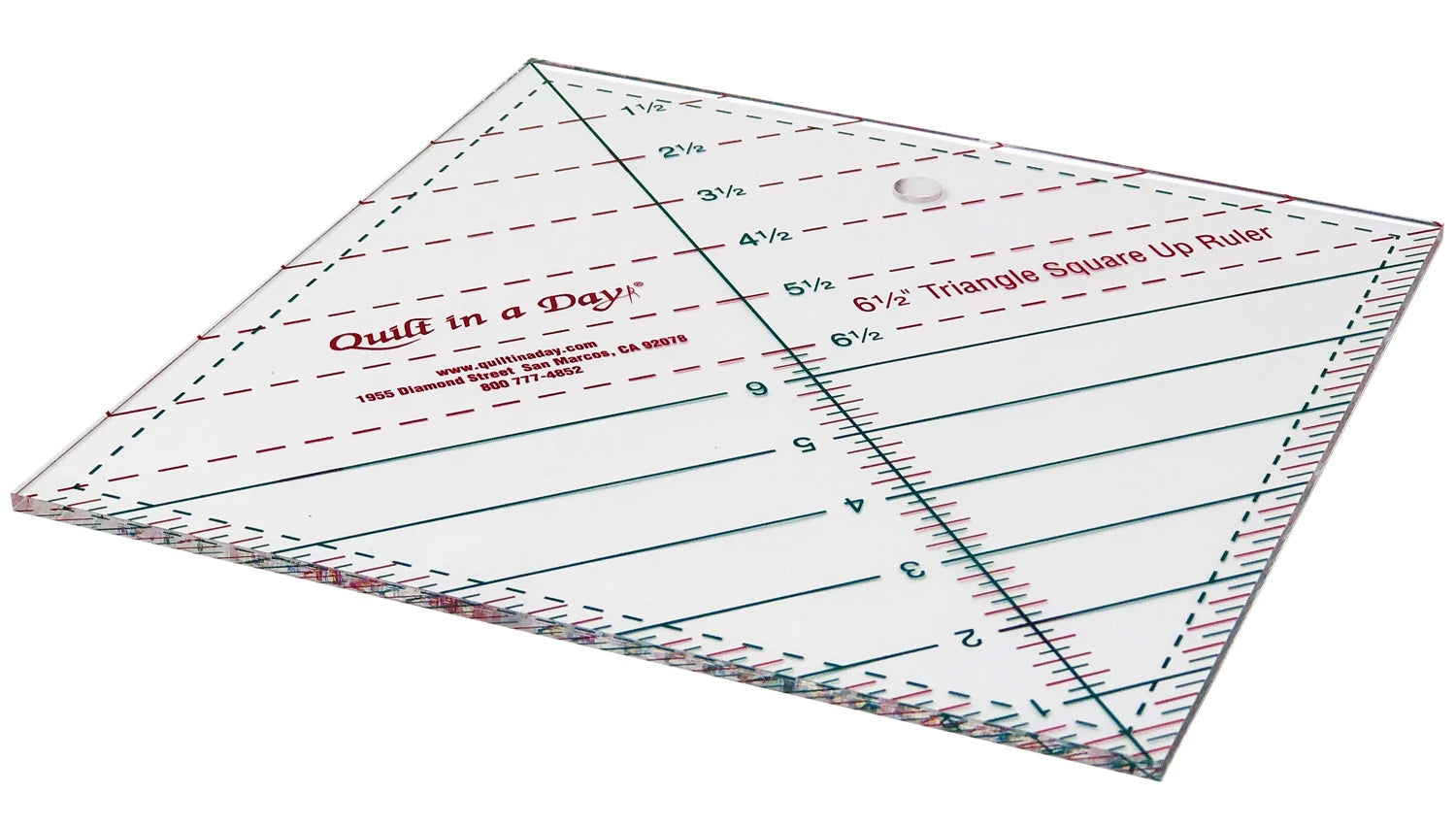 A clear, square Triangle Square Up Ruler 6-1/2in by Checker Distributor, featuring diagonal lines for cutting half-triangle squares and accurate measurements, shown on a white background.