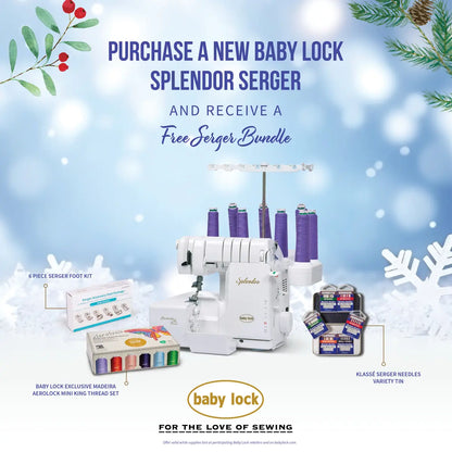 Get the Baby Lock Splendor 8-Thread Combination Serger with ExtraordinAir™ Threading and FREE 60 days of online classes, plus a serger bundle—8-piece foot kit, Madeira Aerolock threads, and Klasse needles! Blue snowflake background highlights threading feature.