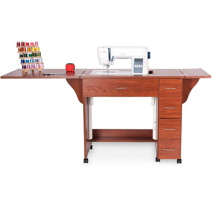 The Alice Sewing Cabinet, available in 2 colors, features an extended tabletop, four drawers, a rack for thread spools, and storage for sewing essentials—making it the ideal furniture piece for any craft room.