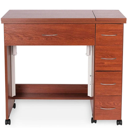 The Alice Sewing Cabinet, available in two colors, features a wooden mid-size design with multiple drawers, an under-platform, and black caster wheels for mobility—a stylish and practical sewing furniture choice.