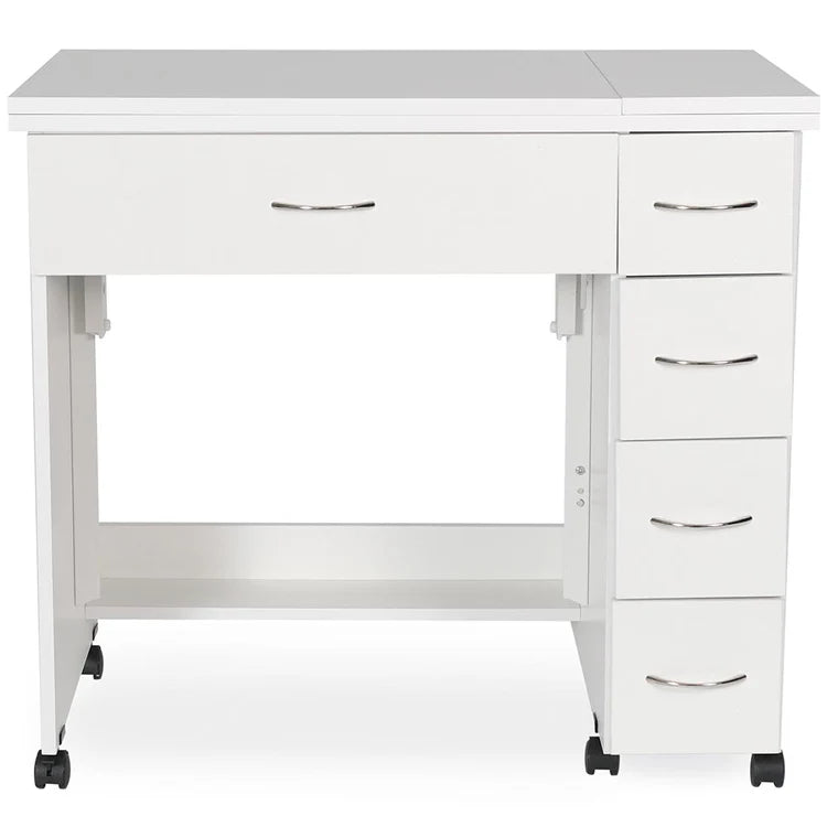 The Alice Sewing Cabinet (2 Colors Available) features four right-side drawers, a wide center drawer, metal handles, and caster wheels. Its minimalist design makes it a versatile mid-size cabinet ideal for any craft or sewing setup.