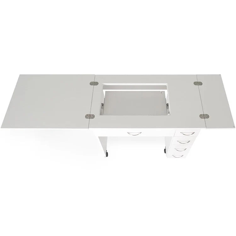 The Alice Sewing Cabinet, available in two colors, is a foldable workspace with an open central compartment, metal hinges, and a side set of drawers—ideal sewing furniture for any creative area.