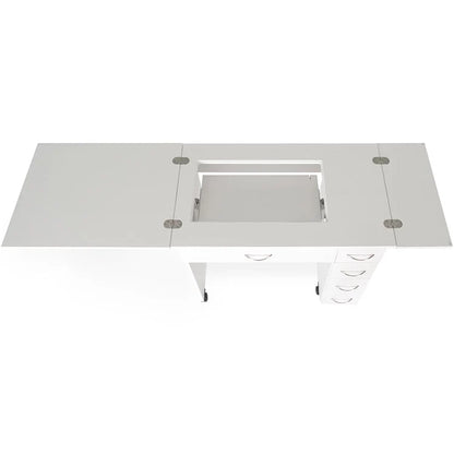 The Alice Sewing Cabinet, available in two colors, is a foldable workspace with an open central compartment, metal hinges, and a side set of drawers—ideal sewing furniture for any creative area.