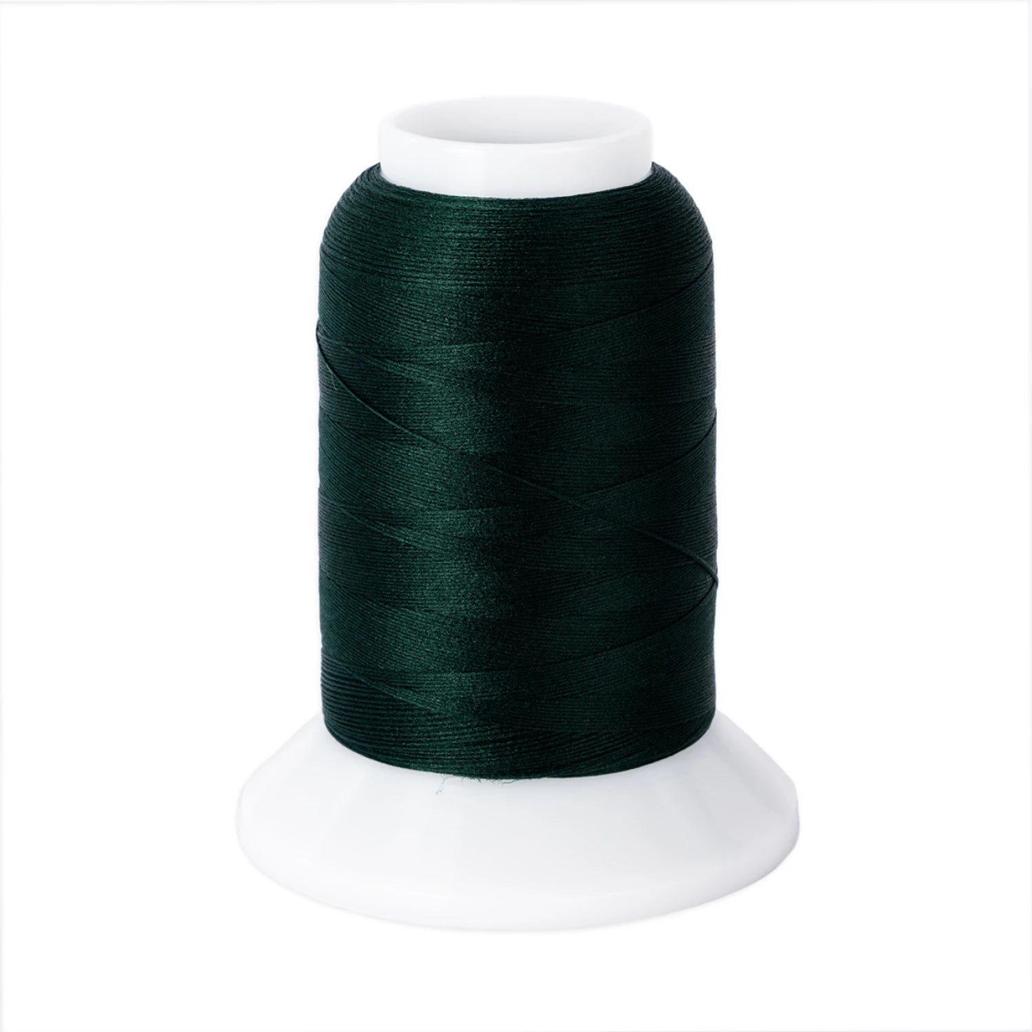 A spool of Brewer Sewing Woolly Nylon #760 Christmas Tree thread (1000m) stands upright on a white plastic base, neatly wound on a cone-shaped reel, perfect for stretch fabric sewing, set against a plain white background.