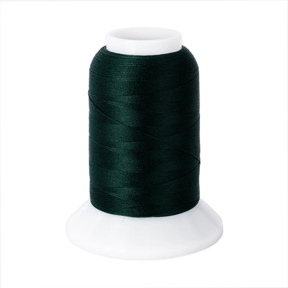 A spool of Brewer Sewing Woolly Nylon #760 Christmas Tree thread (1000m) stands upright on a white plastic base, neatly wound on a cone-shaped reel, perfect for stretch fabric sewing, set against a plain white background.