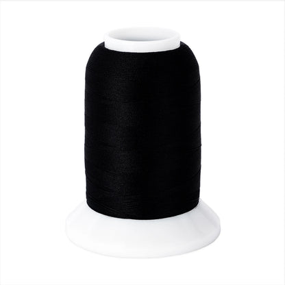 A 1000m spool of Brewer Sewing Woolly Nylon #BLK Black thread stands upright on a white plastic base against a plain white background.
