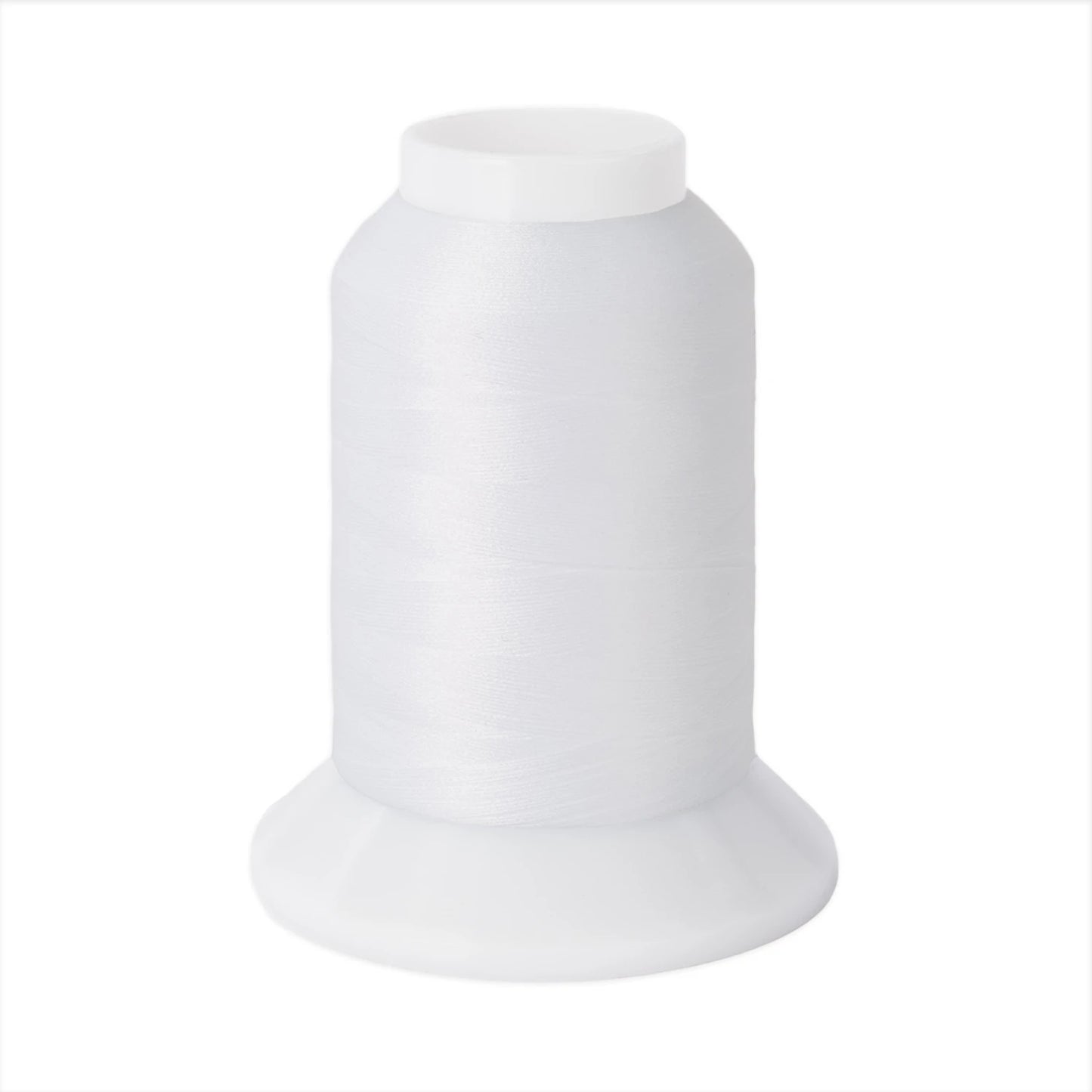 A spool of Brewer Sewing Woolly Nylon #WHT White 1000m thread on a wide plastic base, ideal as serger looper thread and for sewing stretch fabrics, shown against a plain white background.