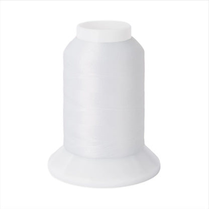 A spool of Brewer Sewing Woolly Nylon #WHT White 1000m thread on a wide plastic base, ideal as serger looper thread and for sewing stretch fabrics, shown against a plain white background.