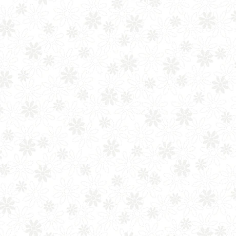 Quilting Illusions White Stencil Floral Fabric Yardage by QT Fabrics features a seamless white background with a subtle light gray floral pattern, perfect for quilting projects.