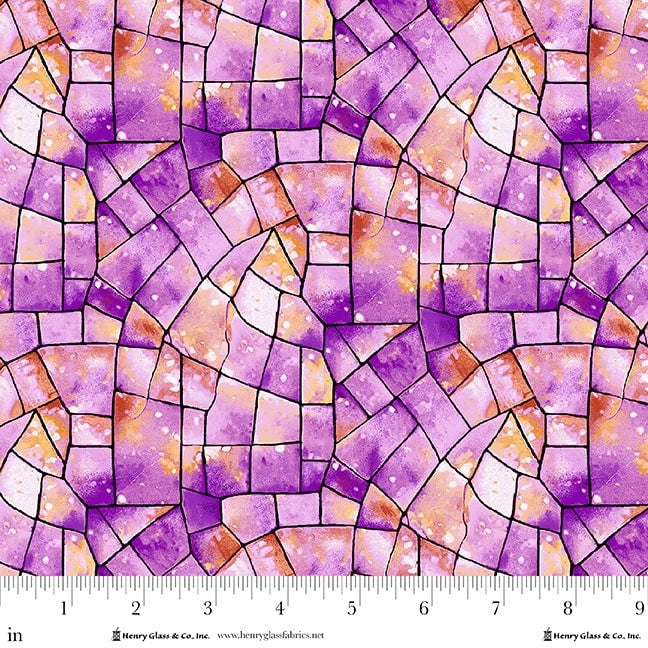 Kaleidoscope Fuchsia 108" Wide 3 Yard Quilt Fabric Back Pack by Jaftex - Henry Glass Fabrics features an abstract mosaic of purple, pink, and orange with black outlines and a splatter effect—ideal for quilt backing, shown with inch ruler at the bottom.