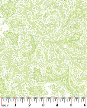Benartex Malabar Bamboo 108" Wide Quilt Backing Fabric in light green and white features an intricate paisley and floral design, with a ruler showing inch measurements to display the scale of this premium cotton backing.