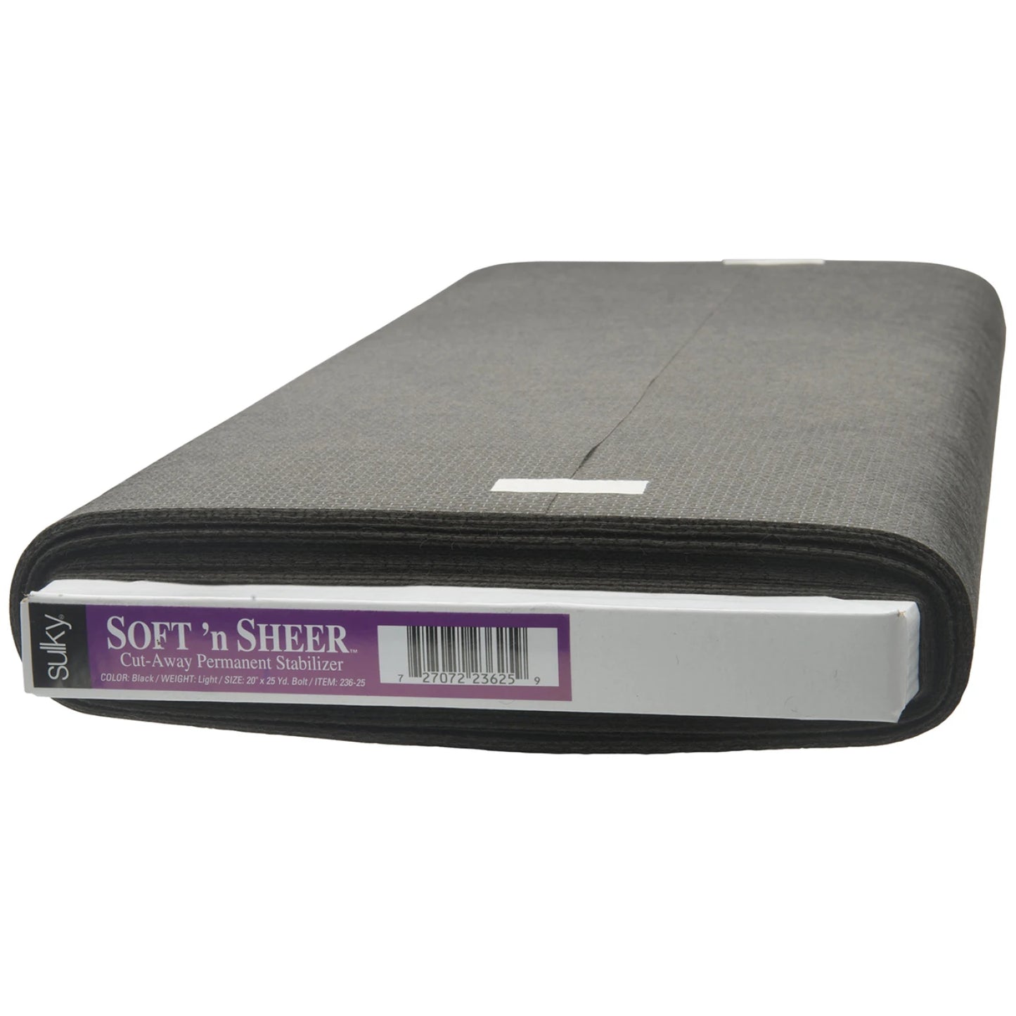 A bolt of Checker Distributor Cut Away Soft N Sheer Stabilizer Black 20in, dark gray and semi-transparent, is folded around a rectangular cardboard core with the product label and barcode visible on the end.