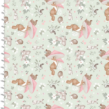 Sweet Woodland Light Green Cuddly Critter Garden Fabric Yardage