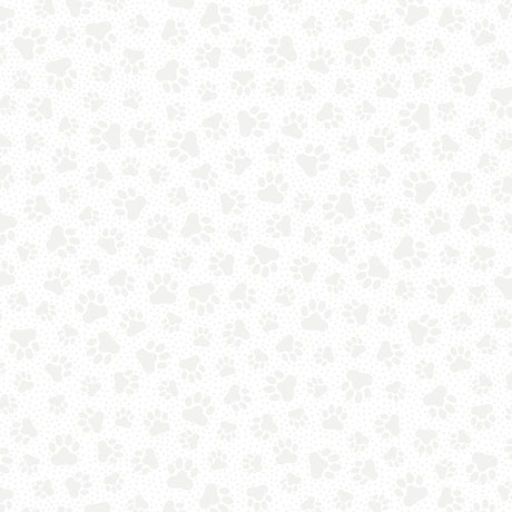 QT Fabrics' Quilting Illusions Paw Prints Fabric Yardage is a seamless white cotton fabric with subtle, light gray paw prints in varied sizes—ideal for quilting illusions.