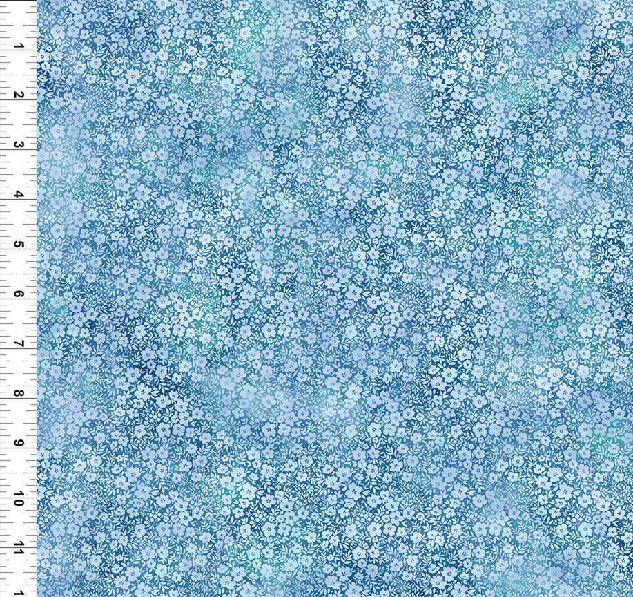 A close-up of Shop Hop 2026 Blue Flowers Fabric Yardage by In the Beginning Fabrics shows small blue flowers and a white ruler in inches for scale—ideal for quilting and exclusive to our PRESALE collection.