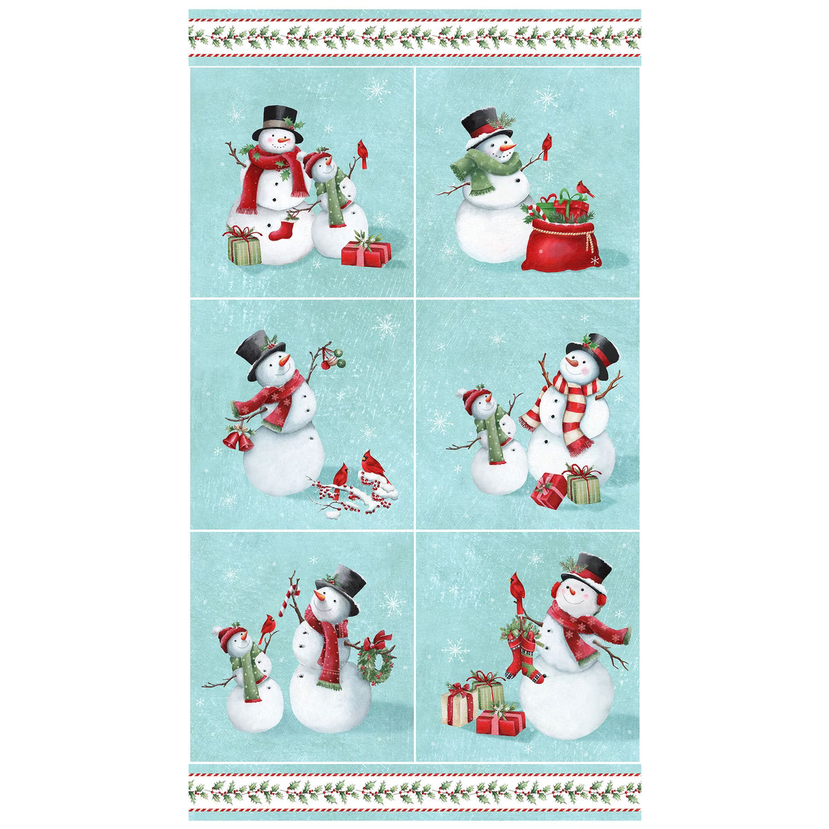 Holly Jolly Turquoise Multi Snowmen Blocks Panel - quilt fabric panel for quilting projects