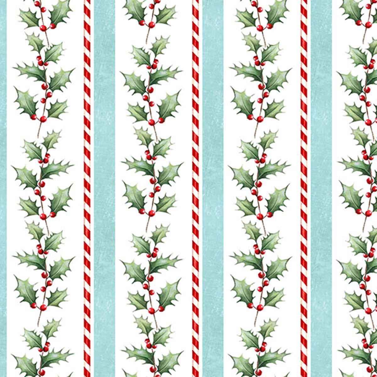 Holly Jolly White Multi Holly Stripe Fabric Yardage - quilt fabric for sewing and quilting projects