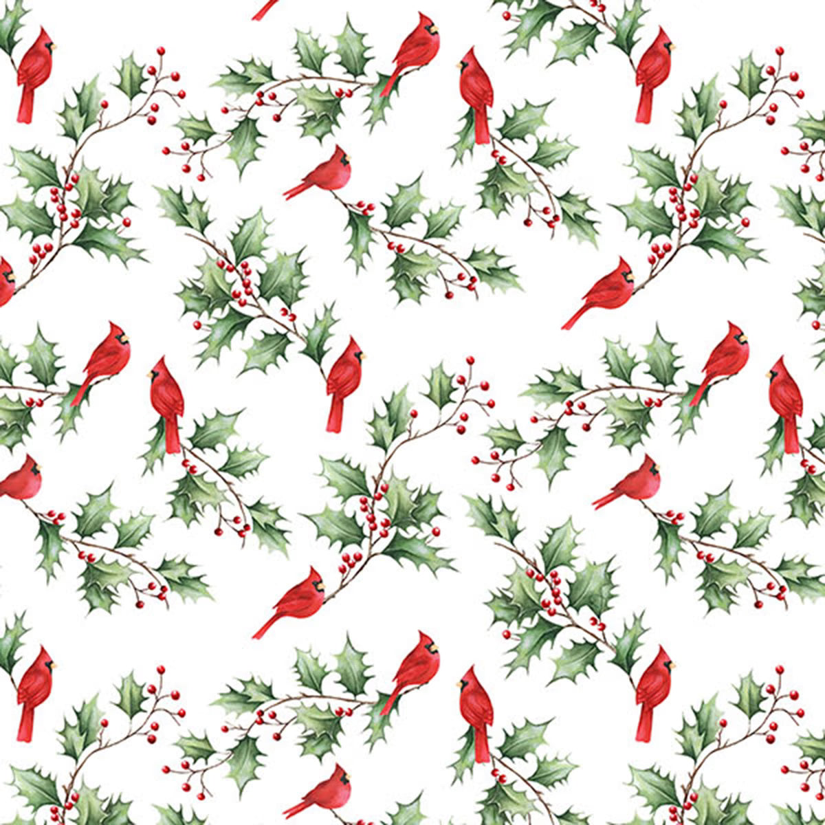 Holly Jolly White Multi Cardinal & Holly Fabric Yardage - quilt fabric for sewing and quilting projects