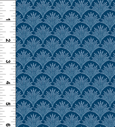Shop Hop 2026 Dark Blue Stems Fabric Yardage - PRESALE by In the Beginning Fabrics features a dark blue quilting fabric with a repeating blue and white scallop fan pattern. A vertical ruler on the left shows inch scale. Part of the Kentucky Hop 2026 collection.