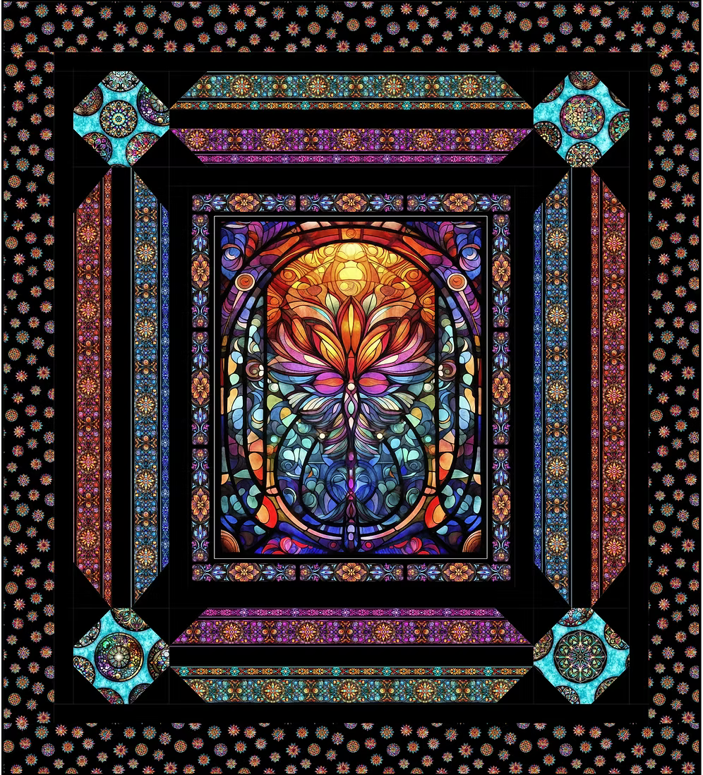 The Sliders Quilt Pattern by Checker Distributor features a vibrant stained-glass effect with a central floral motif, intricate symmetrical designs, and bold geometric borders—perfect for intermediate quilters.
