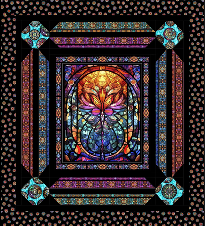 The Sliders Quilt Pattern by Checker Distributor features a vibrant stained-glass effect with a central floral motif, intricate symmetrical designs, and bold geometric borders—perfect for intermediate quilters.