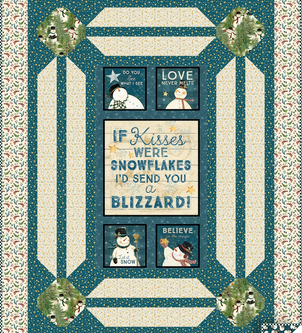 The Sliders Quilt Pattern by Checker Distributor is a festive panel quilt with snowmen, stars, trees, and blocks reading: Do you see what I see?, Love never melts, If kisses were snowflakes I'd send you a blizzard!, and Believe in the magic of snow. Intermediate level.