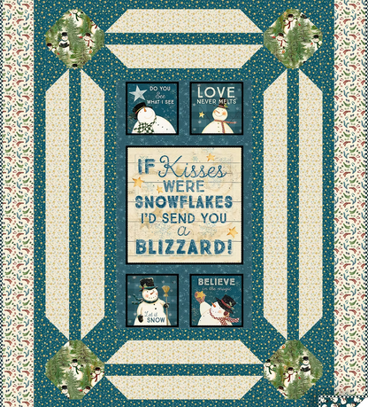 The Sliders Quilt Pattern by Checker Distributor is a festive panel quilt with snowmen, stars, trees, and blocks reading: Do you see what I see?, Love never melts, If kisses were snowflakes I'd send you a blizzard!, and Believe in the magic of snow. Intermediate level.