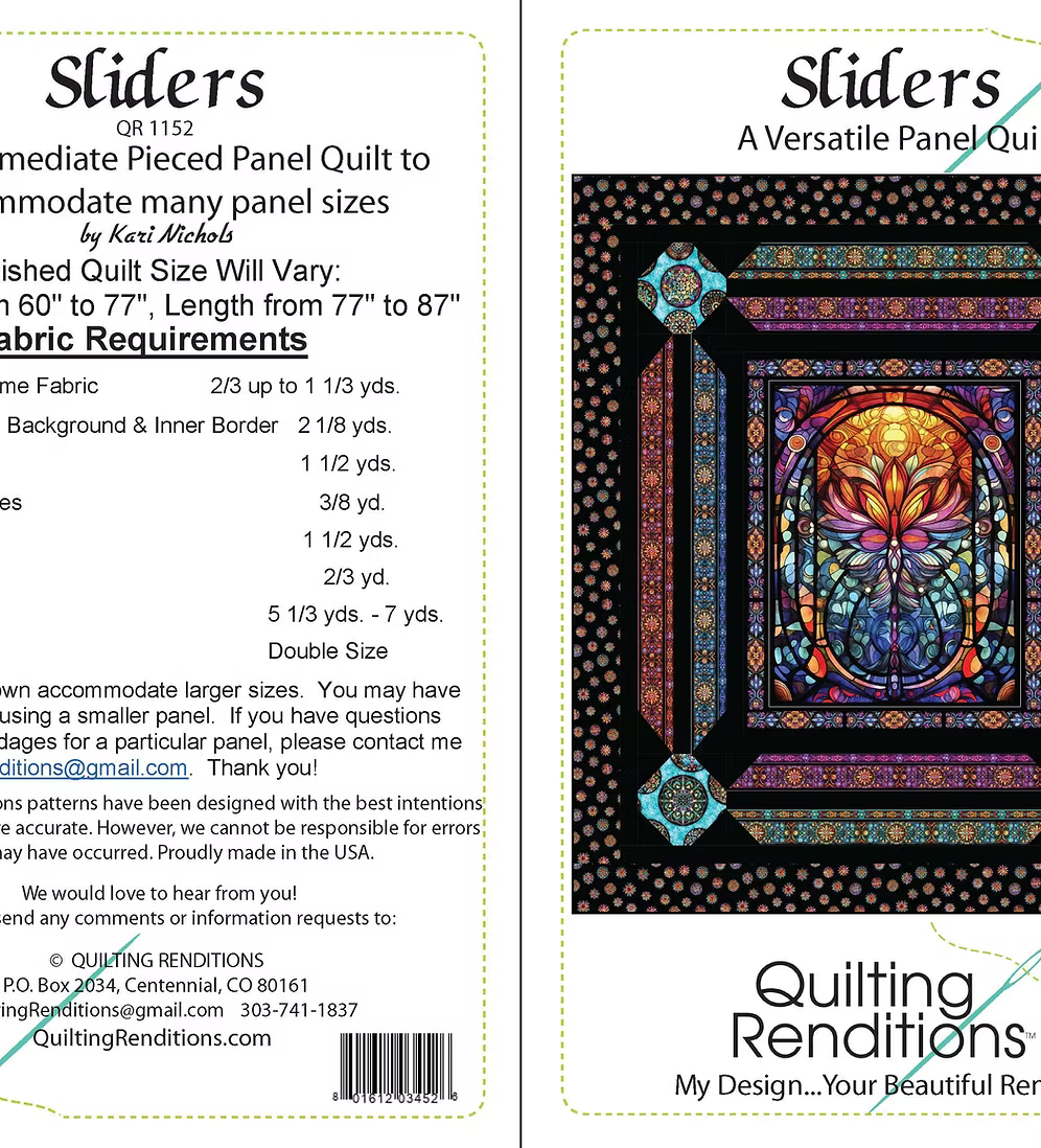 The image shows the front and back cover of the Sliders Quilt Pattern by Checker Distributor. This intermediate pattern displays a colorful quilt design on the front and fabric requirements plus contact info on the back.
