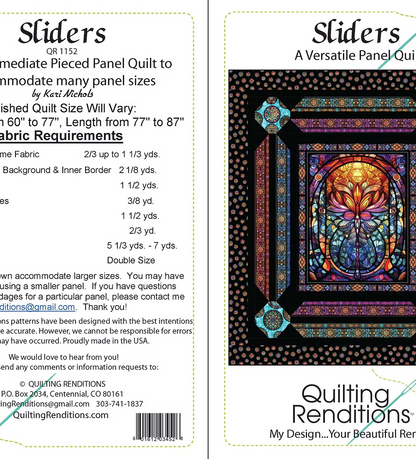 The image shows the front and back cover of the Sliders Quilt Pattern by Checker Distributor. This intermediate pattern displays a colorful quilt design on the front and fabric requirements plus contact info on the back.