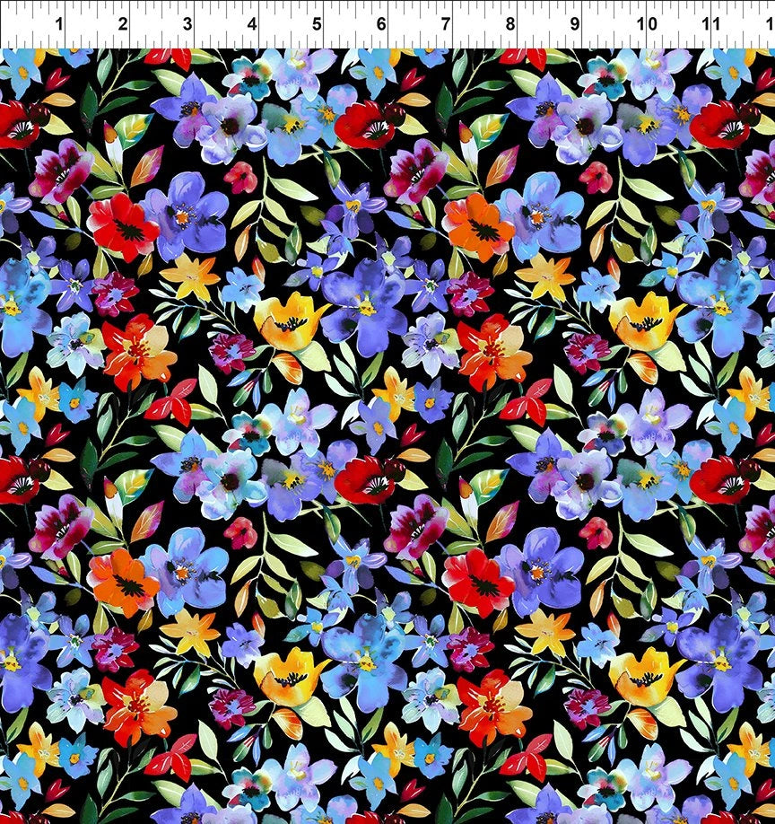 Blooming Day & Night Black Garden Fabric Yardage