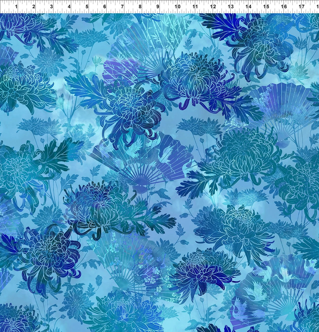 Oriental Gardens Blue Fans and Mums Fabric Yardage
