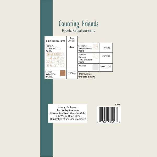 Back cover of the Counting Friends Quilt Pattern by Checker Distributor, detailing fabric, panel, backing, and batting needed for a machine-sewn lap quilt. Includes contact info, barcode, and copyright at the bottom.