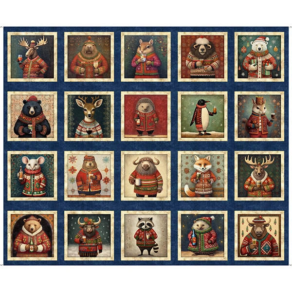 Christmas Party Animals Navy Picture Patch Panel - quilt fabric panel for quilting projects