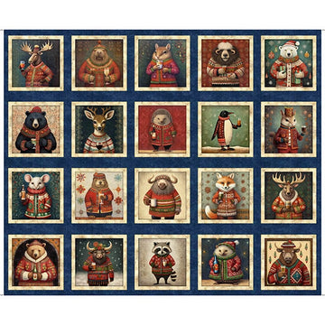 Christmas Party Animals Navy Picture Patch Panel - quilt fabric panel for quilting projects