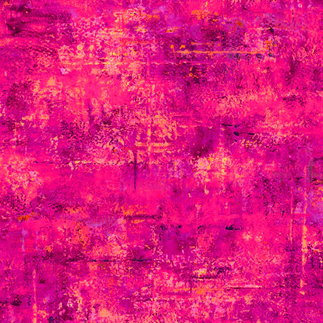 Vibe Fuchsia Mottled Blender Fabric Yardage by QT Fabrics features abstract, energetic patterns in vibrant pinks, magenta, orange, and yellow with painterly textures—ideal for adding dynamic color to your quilting projects.