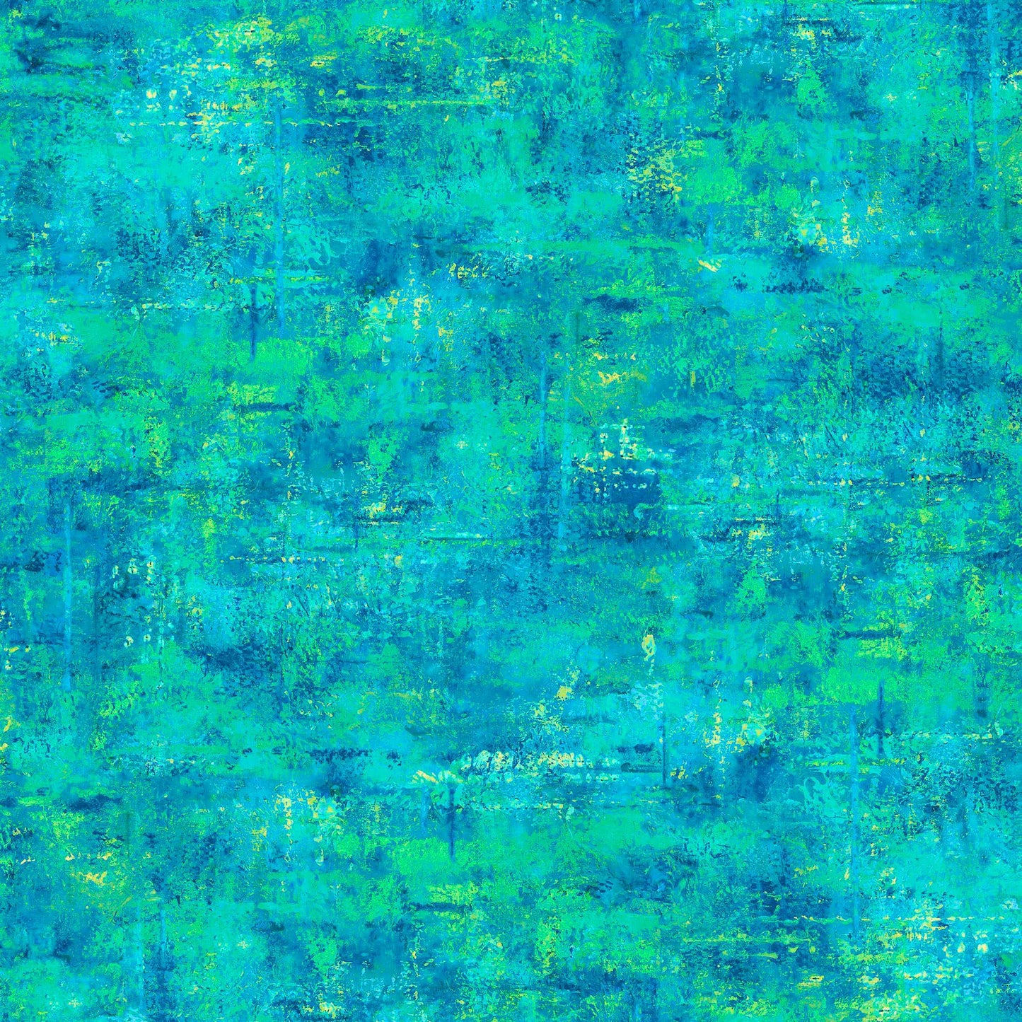 Vibe Turquoise Mottled Blender Fabric Yardage by QT Fabrics features a textured, painterly design in blue, teal, and yellow. Its dynamic surface evokes water or sky, perfect for quilting projects seeking a vibrant abstract effect.