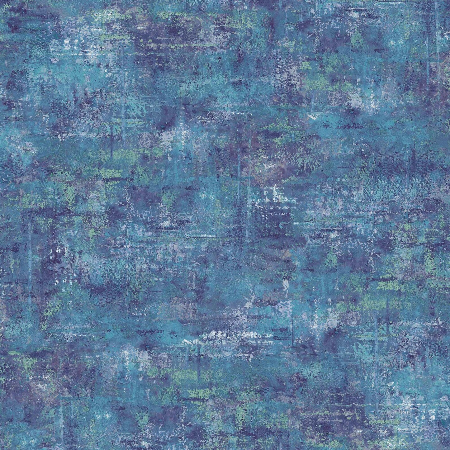 Vibe Denim Mottled Blender Fabric Yardage by QT Fabrics features an abstract, textured design in blue, teal, and green with rough brush strokes and subtle white hints, evoking quilt fabric with a sense of depth and movement.