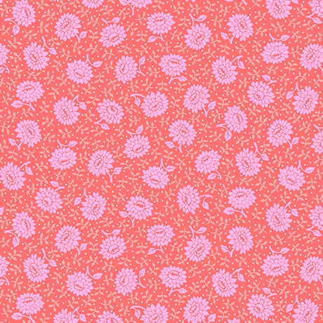 Floral Flirtation Bubblegum Floral Dot Fabric by QT Fabrics features light pink flowers and small leaves on a coral pink background, offering a soft, vintage-inspired floral pattern.