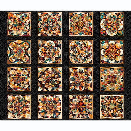 Solstice Black Kaleidoscope Picture Patches Panel - quilt fabric panel for quilting projects