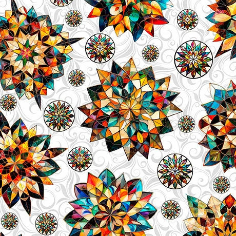 Solstice White Kaleidoscope Medallions Fabric Yardage - quilt fabric for sewing and quilting projects