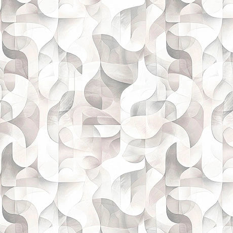 Soft white, gray, and beige curved layers create a fluid, geometric look—capturing the elegance of QT Fabrics' Solstice Gray Kaleidoscope Geo Fabric Yardage in 100% cotton.
