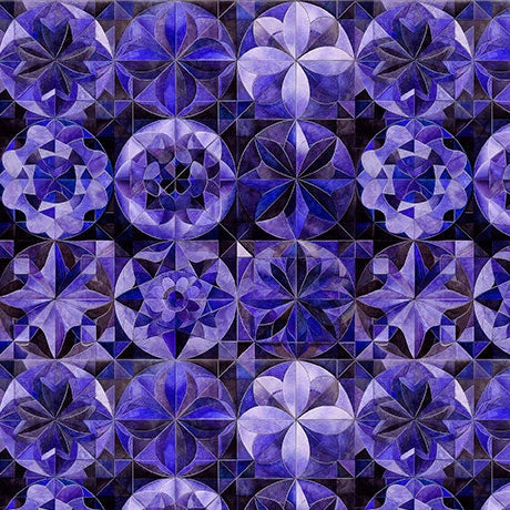 Solstice Violet Kaleidoscope Packed Circles Fabric Yardage by QT Fabrics features a seamless mosaic of geometric and floral motifs in vibrant violet tones, creating a quilt-inspired, symmetrical pattern.