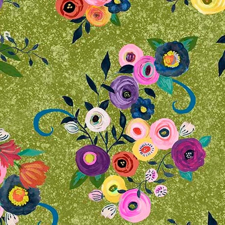 Blooming Bouquet Olive Watercolor Floral Toss Fabric Yardage - quilt fabric for sewing and quilting projects