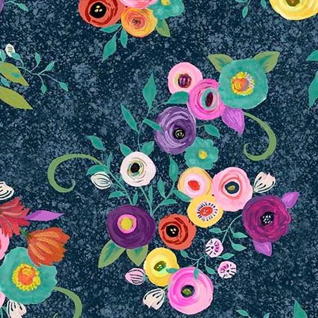 Blooming Bouquet Navy Watercolor Floral Toss Fabric Yardage - quilt fabric for sewing and quilting projects