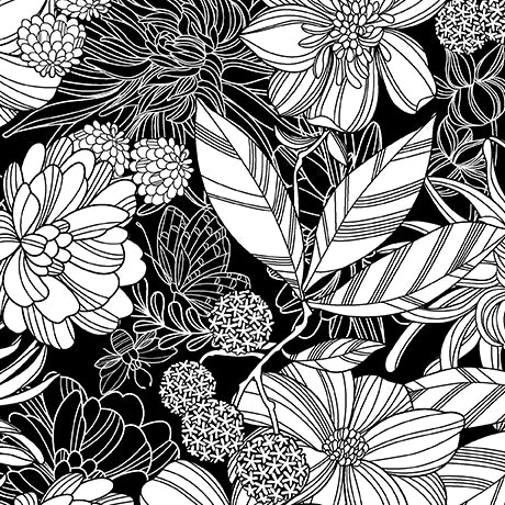 Garden At Twilight Black Stencil Floral Fabric Yardage - quilt fabric for sewing and quilting projects
