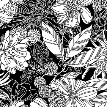 Garden At Twilight Black Stencil Floral Fabric Yardage - quilt fabric for sewing and quilting projects