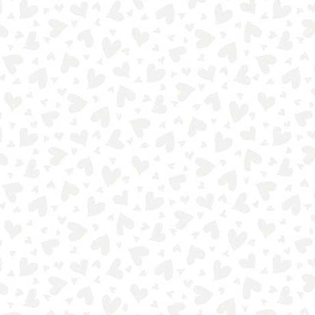 QT Fabrics’ Quilting Illusions White Hearts Fabric Yardage features a white background with a subtle pattern of light gray hand-drawn hearts, creating a soft, romantic look—ideal for cotton quilting projects.